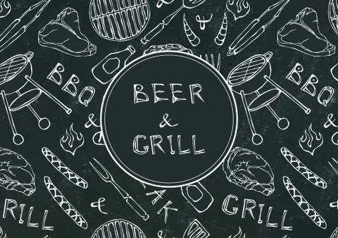 Seamless Pattern of Summer BBQ Grill Party. Beer, Steak, Sausage, Barbeque Gr Illustrazione stock