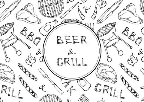 Seamless Pattern of Summer BBQ Grill Party. Beer, Steak, Sausage, Barbeque Gr Stock Illustration