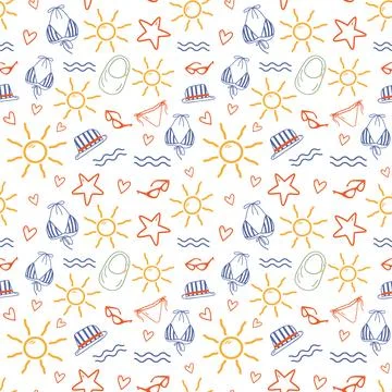 Seamless Pattern Summer Beach Accessories in Mediterranean trendy palette Illustrazione stock