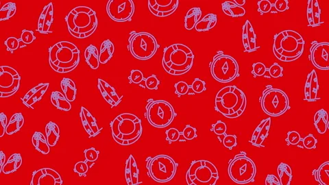 Seamless Pattern Summer Beach Holiday Icons Red Background Blue Outline Video stock 338314890