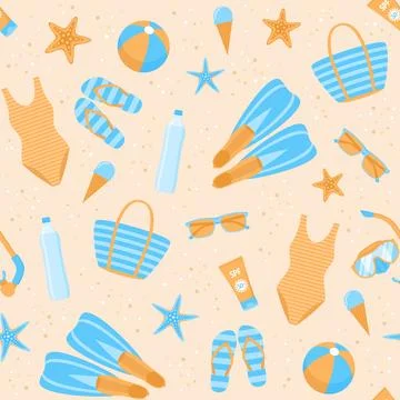 Seamless pattern with summer beach items on the sand. Vector illustration Illustrazione stock