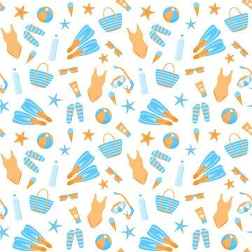 Seamless pattern with summer beach items in blue and orange colors Stock Illustration