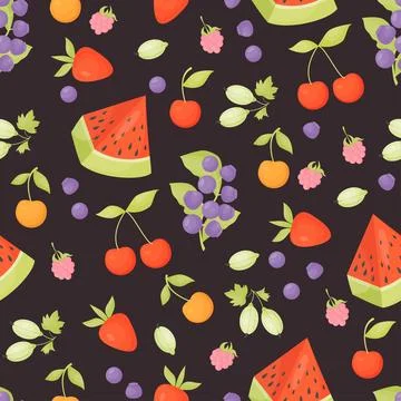 Seamless pattern with summer berries and fruits. Forest blueberries, raspberries 스톡 일러스트