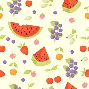 Seamless pattern with summer berries. Forest blueberries, raspberries, cher.. Illustrazione stock