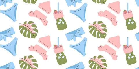 Seamless pattern with summer bikini swimsuit monstera leaf and matcha cockt.. Stock Illustration