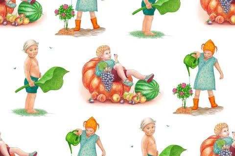 Seamless pattern. Summer. Children in various poses, eating fruits, watering Stock Illustration