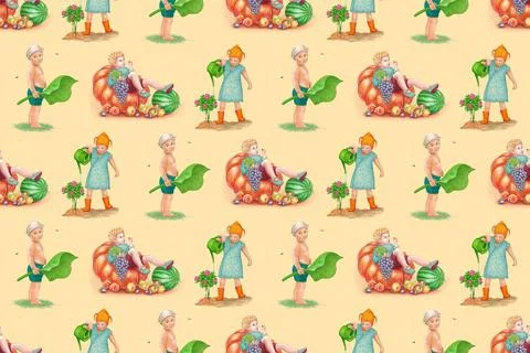 Seamless pattern. Summer. Children in various poses, eating fruits, watering Stock Illustration