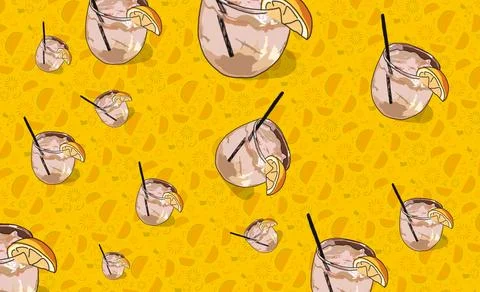 Seamless Pattern with Summer Cocktail and Lemon on Yellow Background イラスト素材