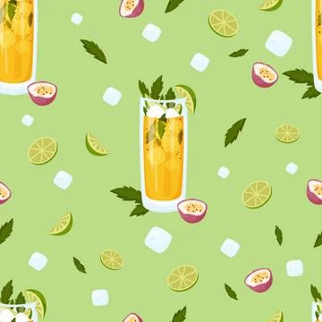 Seamless pattern with summer cocktail Passion Fruit Mojito in glass with ic.. Stock Illustration