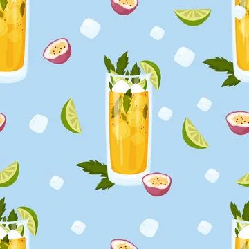Seamless pattern with summer cocktail Passion Fruit Mojito. Cuban cocktail .. Stock Illustration