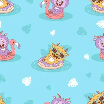 Seamless pattern with summer Cute Monster on inflatable pink flamingo and d.. Illustrazione stock