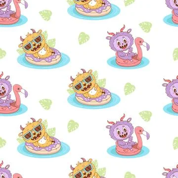 Seamless pattern with Summer Cute Monster swim on inflatable pink flamingo .. Stock Illustration