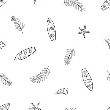 Seamless pattern summer doodle icons. Vector illustration of a surfboard, pal Stock Illustration