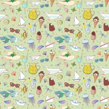 Seamless pattern with summer doodle sketch elements Stock Illustration