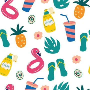 Seamless pattern with summer elements. Beach Items: Flip Flops, Sunscreen, Pi Illustrazione stock