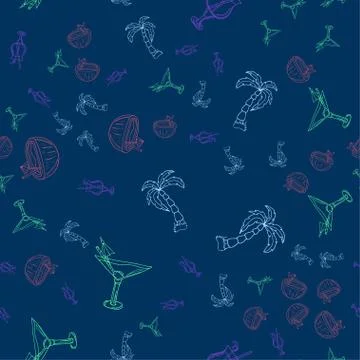 Seamless pattern with summer elements. Palm trees and cocktails to relax. Stock Illustration