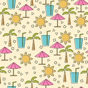 Seamless pattern with summer elements in thin line style. Vector line icons Stock Illustration