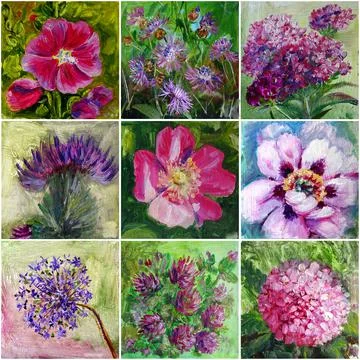 Seamless pattern summer flowering plants oil painting Stock Illustration