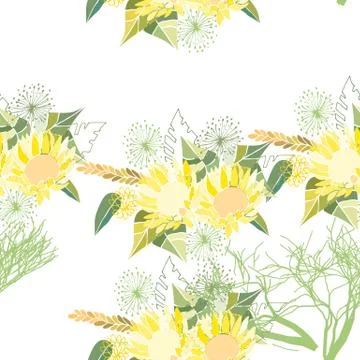Seamless pattern with summer flowers and leaves on a white background Stock Illustration