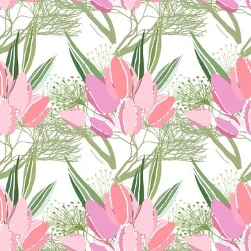 Seamless pattern with summer flowers and leaves on a white background Illustrazione stock