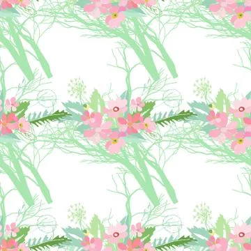Seamless pattern with summer flowers and leaves on a white background Stock Illustration