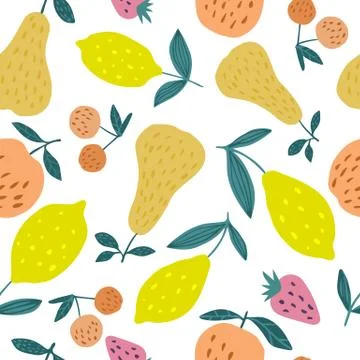 Seamless pattern with summer fruits. Cherry berries, apples, lemons, pears an 스톡 일러스트