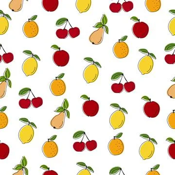 Seamless pattern with summer fruits. Lemon, orange, pear, apple, cherry on white Stock Illustration