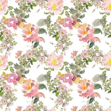 Seamless pattern of summer garden yellow and pink rose flower. Watercolor floral Stock Illustration