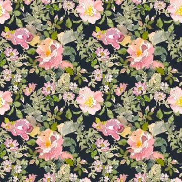 Seamless pattern of summer garden yellow and pink rose flower. Watercolor floral 스톡 일러스트