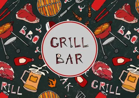 Seamless Pattern of Summer Grill and Bar Party. Steak, Sausage, Barbeque Grid Illustration