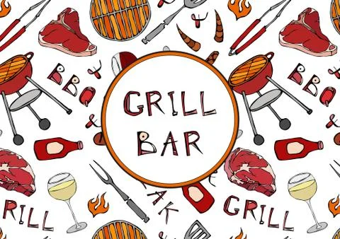 Seamless Pattern of Summer Grill and Bar Party. Steak, Sausage, Barbeque Grid Illustration