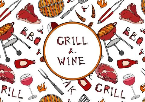 Seamless Pattern of Summer Grill and Wine. Steak, Sausage, Barbeque Grid, Ton Stock Illustration
