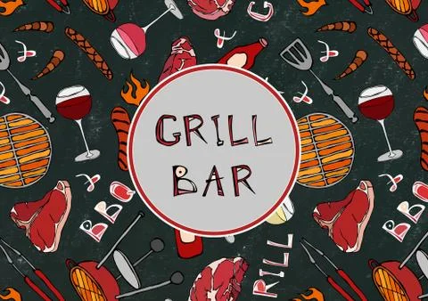 Seamless Pattern of Summer Grill and Bar Party. Steak, Sausage, Barbeque Grid Illustration