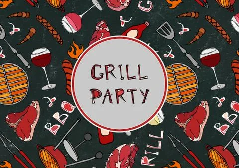 Seamless Pattern of Summer Grill Party. Steak, Sausage, Barbeque Grid, Tongs, Illustration