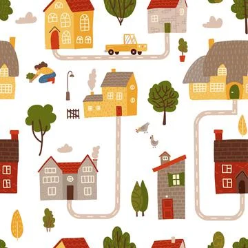 Seamless pattern of summer hand drawn doodle country houses and trees landscape Stock Illustration