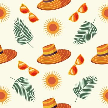 Seamless pattern with summer hat, sunglasses, tropic leaf. Stock Illustration