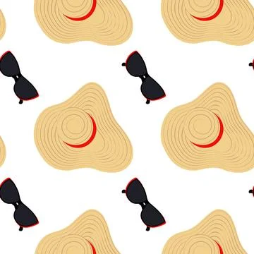 Seamless pattern of a summer hat with wide brim and stripes around and Illustrazione stock