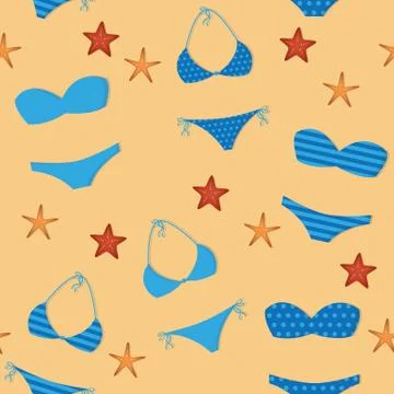 Seamless pattern summer holidays design with blue bikinis and starfish Illustrazione stock