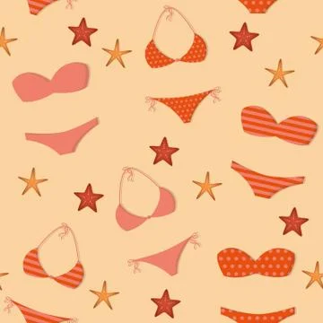 Seamless pattern summer holidays design with bikinis and starfish Stock Illustration