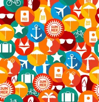 Seamless pattern of summer icons. Bright summer texture in flat design. Stock Illustration