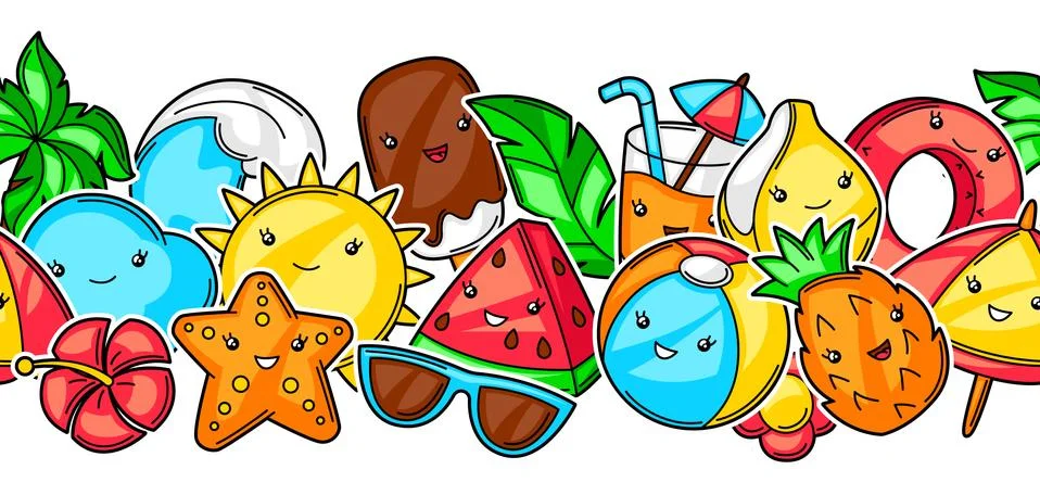 Seamless pattern with summer items. Vacation and beach characters. Stock Illustration