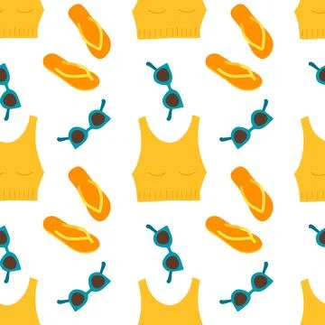 Seamless pattern with Summer outfit, top, Flip Flops sandals, sunglasses. Beach Stockillustratie