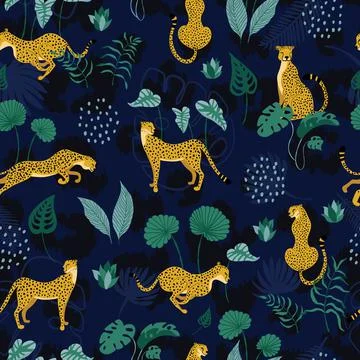 Seamless pattern of summer paradise in tropical jungles with cheetahs Illustration