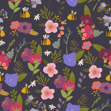 Seamless pattern with Summer Plants and Flowers on dark Background Stock Illustration