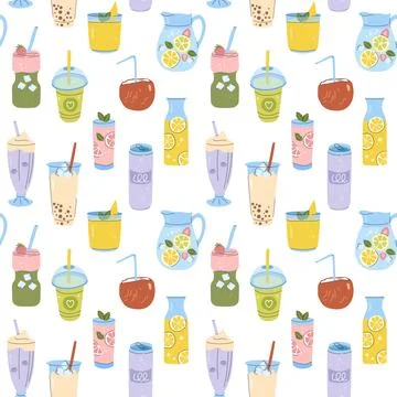 Seamless pattern with summer refreshing drinks cocktails smoothies lemonade a Stock-Illustration
