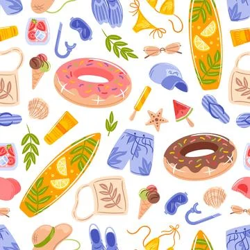 Seamless pattern of summer themed symbols including swimsuit, surfboard Illustrazione stock