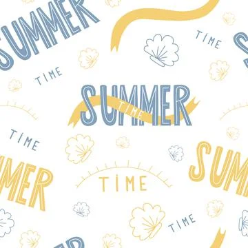 Seamless pattern Summer time. Decorative blue yellow lettering, seashells, sun a Illustrazione stock