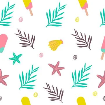 Seamless pattern of summer tropical leaves starfish seashells ice cream. vect Illustrazione stock