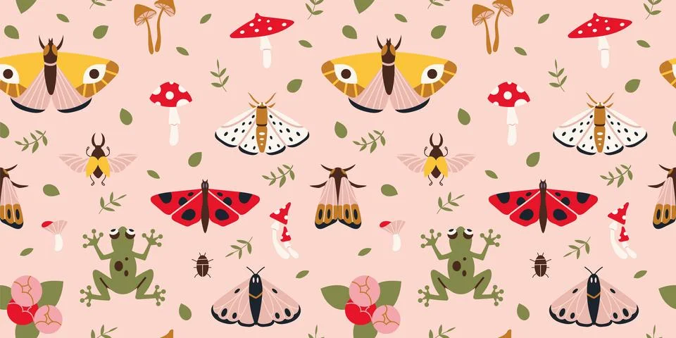 Seamless pattern with summer vibe, moth, mushrooms, plants, cartoon style. .. Stock Illustration
