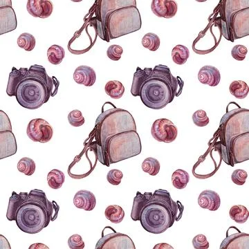 Seamless pattern summer watercolor camera, backpack, sea shell on white 库存插图